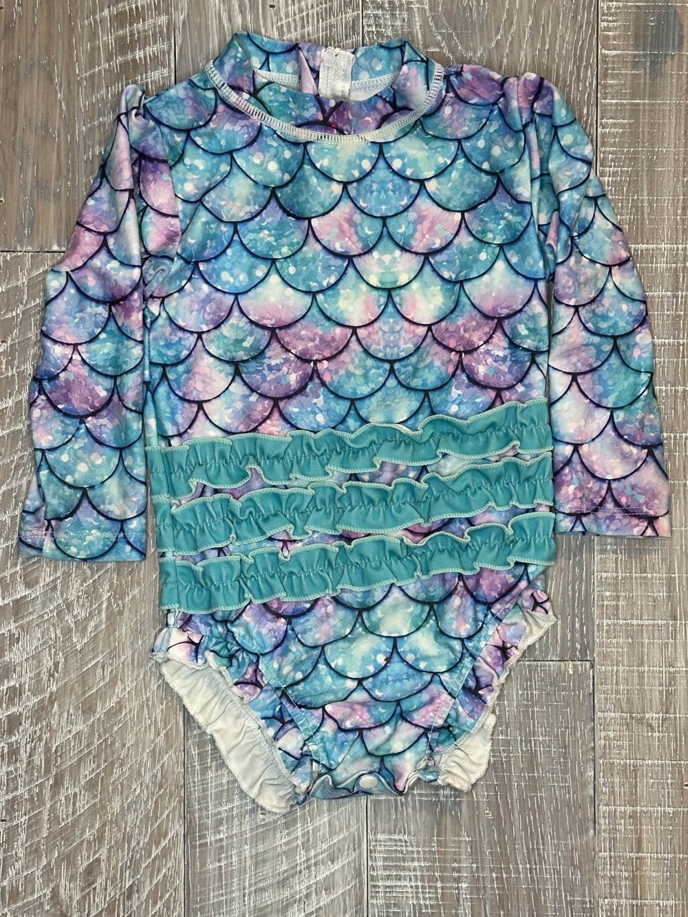 Mermaid Scale Ruffle Long Sleeve One-Piece Swimsuit - Aqua Purple Pink